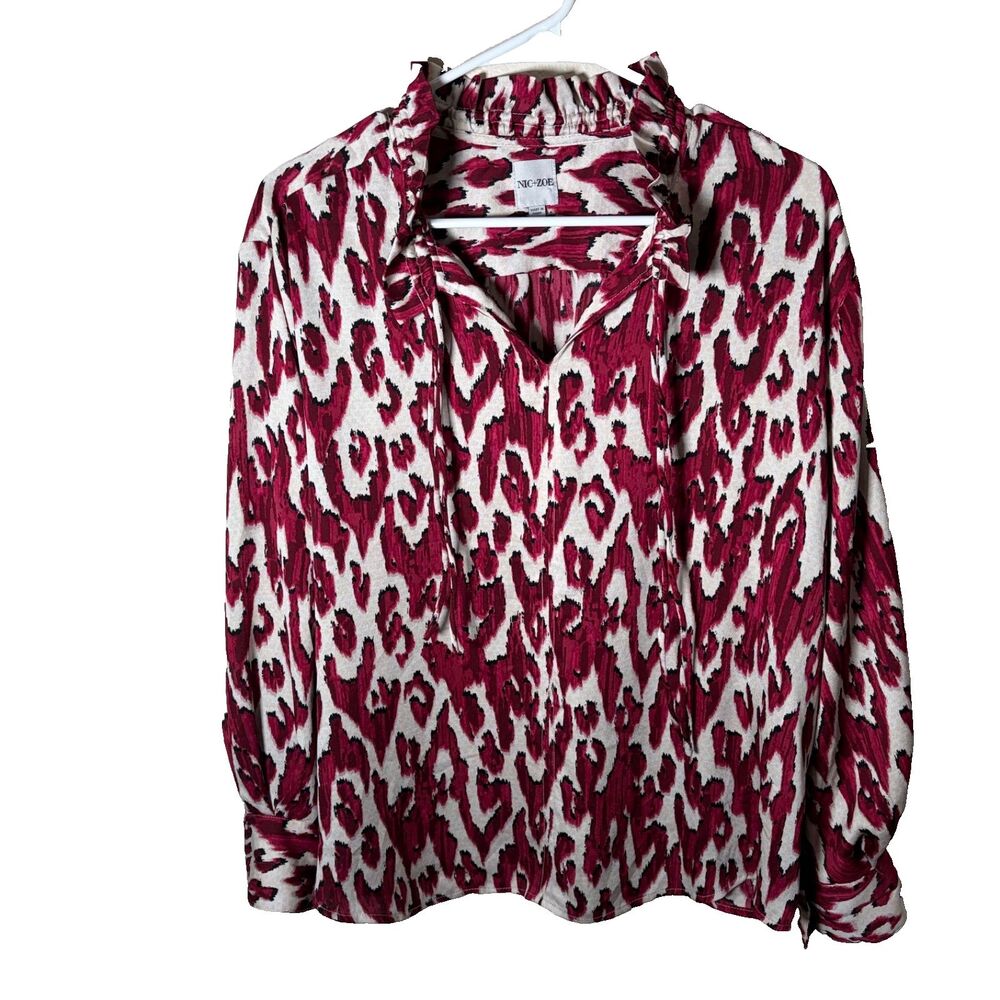 Nic + Zoe Blouse Women's Large V-Neck Ruffle Long Sleeve Printed Top Shirt